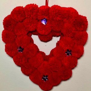 Handmade Red Pompom Heart Wreath
